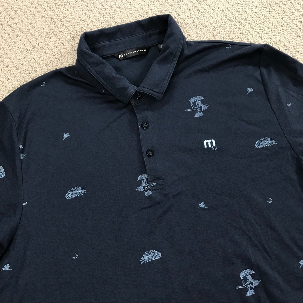 Travis Mathew Mens XXL Navy Blue Hula Girl Palm Leaf Print Golf Polo Shirt